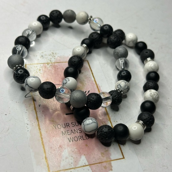 Black Lava Rock & Howlite Gemstone Bracelets - Picture 2 of 3